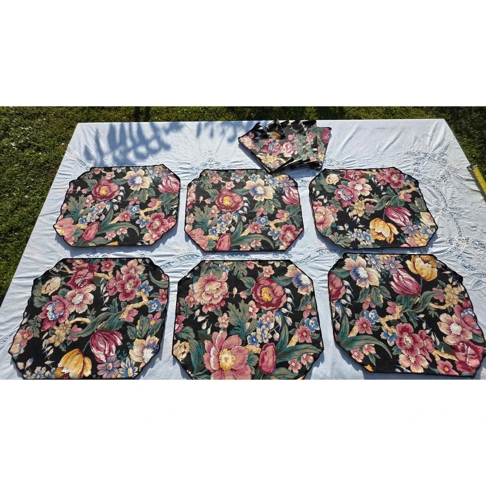 VTG Floral Placemat & Napkin Set of 6 Cottage Table Decor Dinner Party Blue Pink